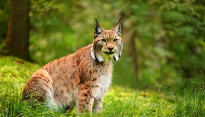 Fototapeta premium Eurasian Wildcat Sitting in a Lush Green Forest Majestic Lynx Captured at Twilight Amidst Verdant Landscape and Mossy Grass, Perfect for Digital Art, Home Decor, or Design Inspiration.
