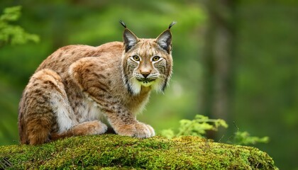 Obraz premium Majestic Eurasian Lynx Perched on Mossy Stone amidst Verdant Forest Backdrop, Capturing the Serenity and Wildness of the Enchanting Woodland Realm