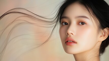 Serene Beauty: A captivating portrait of a young woman with flowing black hair, her serene expression and flawless complexion exude natural beauty and grace.