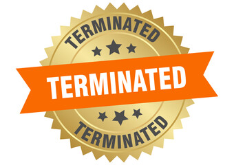 terminated. terminated round orange and gold label isolated on transparent background