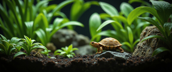 Obraz premium Tortoise exploring a lush green environment with detailed plants and rocks conveying a sense of tranquility and exploration