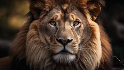 Naklejka premium Vibrant Majesty of a Roaring African Lion Against the Serengeti Sunset, Stirring Energy and Power with Earthy Tones and Rugged Textures