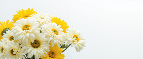 Bright yellow and white daisies in full bloom conveying a cheerful atmosphere, arranged beautifully against a soft, neutral background