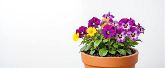Naklejka premium Colorful pansy flowers in a terracotta pot conveying freshness and vibrancy symbolize new beginnings in a minimalist indoor setting
