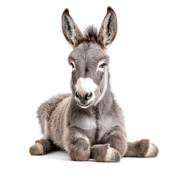 Adorable Gray Donkey Foal: A Captivating Portrait of a Young Donkey Resting Serene against a Pristine White Background