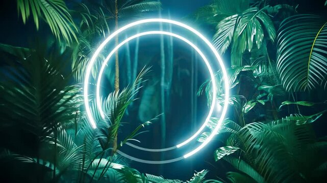 Glowing neon circle in lush jungle setting illuminates tropical foliage at night