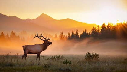 Stirring Magical Misty Morning meets Evening Sunset over the Majestic Rocky Mountain Elk Bull A Spectacular Scene Capturing Natures Transition and Wildlifes Grace