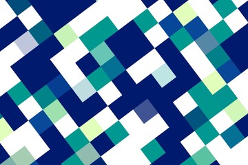 Cool-toned blue and green square pixel art with a structured geometric composition. Abstract background concept