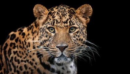Obraz premium Majestic Amur Leopard Portrait, Strikingly Isolated on a Black Background, Depicting Wildlife Conservation Heroism in Siberian Taiga, Capturing the Power and Grace of this Endangered Species.