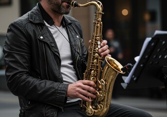 Obraz premium Street musician playing saxophone in urban setting with leather jacket