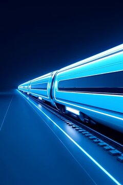 Futuristic high-speed train with neon blue lighting moving through a dark tunnel. Modern transportation concept showcasing advanced railway technology and sleek design. Night perspective