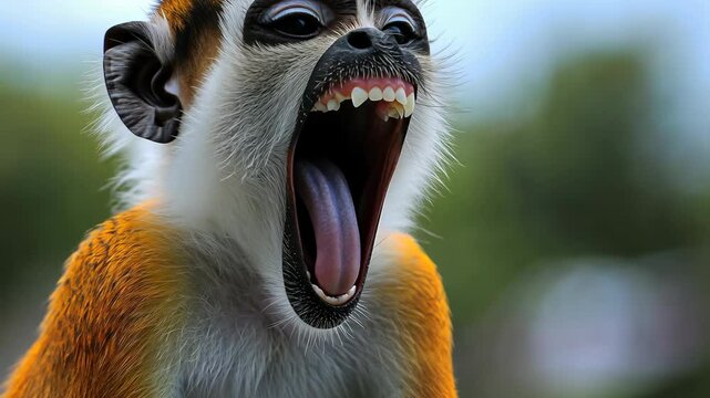 Curious monkey yawning in a vibrant natural setting under clear skies