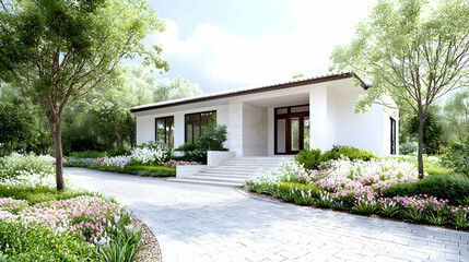 Naklejka premium Modern white house, landscaped driveway, garden, sunny day, real estate