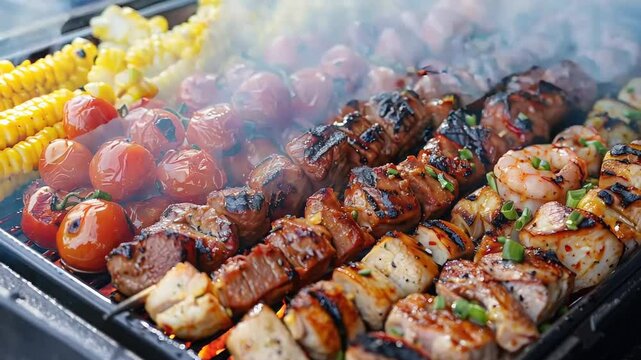 Grilled delights: juicy bbq skewers with vegetables and seafood on an outdoor grill, restaurant menu