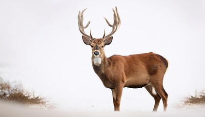Majestic, SnowCapped Stag Gazes Proudly against a Stark, Minimalist White Background, Showcasing its Sleek Form and Elegant Poise in a Serene Winter Scene.
