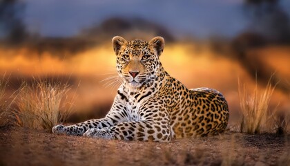 Majestic Leopard Portrait Against a Blurred Savannah Backdrop A Powerful Wildlife Moment Frozen in Time
