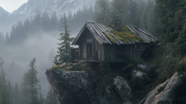 Moss-covered cabin perched on rocky cliff in a serene forest  - Powered by Adobe