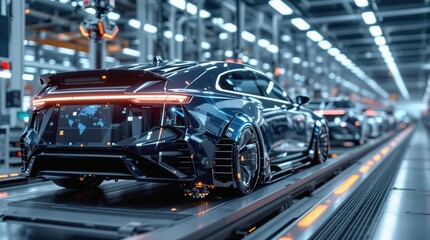 Fototapeta premium Futuristic electric car in advanced factory setting with automated assembly line and robotic equipment