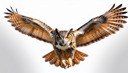 Majestic Flight of a Great Horned Owl Majestically Soaring with Outstretched Wings Against a Pristine Backdrop in the Early Morn, Embracing the Serene Beauty of Natures Majesty.