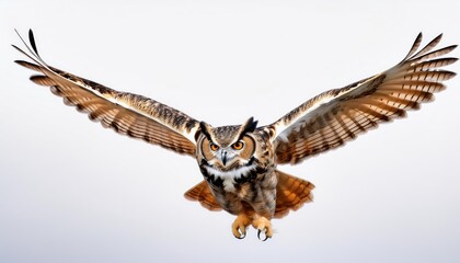 Majestic Great Horned Owl in Flight A Powerful Symbol of Natures Grace Amidst a Pristine Winter Wonderland, Showcasing an Arctic Backdrop and Majestic Beauty.