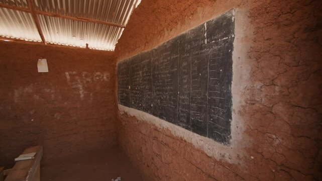 Primitive building made of sticks and clay is used as school in poor savannah community. Many primary schools have significant shortage of qualified teachers especially in rural areas