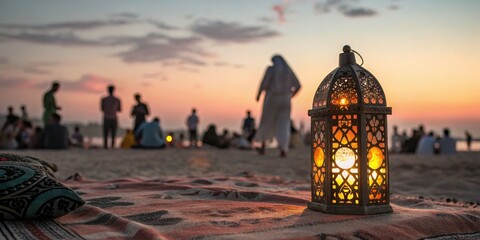 Obraz premium Evening beach gathering with lantern glow at sunset