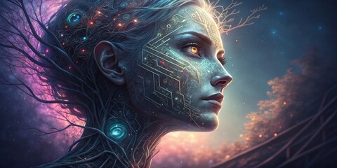 Futuristic cybernetic woman with glowing circuitry in a cosmic landscape