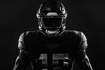 An American football player in uniform and helmet, silhouetted on a black background