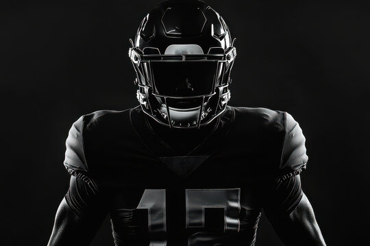 An American football player in uniform and helmet, silhouetted on a black background