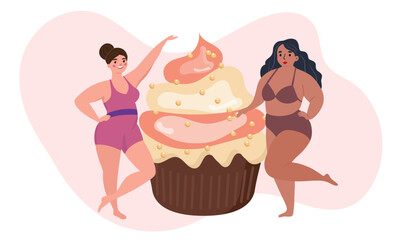 Beautiful women bikini posing near big cake. Body positive and love your body