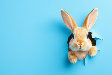 Obraz premium Rabbit is peeking out of a hole in a blue background