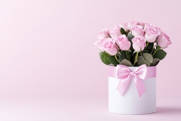 Bouquet of pink roses in a white vase with a pink ribbon tied around it