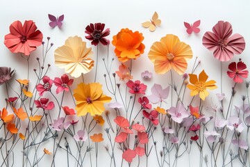 Paper Flower Meadow: A vibrant and artistic arrangement of handcrafted paper flowers in warm hues, meticulously arranged to resemble a blossoming meadow.