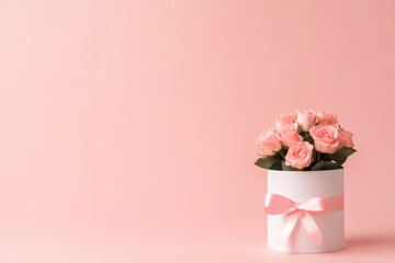 White vase with pink flowers in it sits on a pink background
