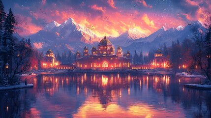 Fototapeta premium Majestic palace, winter sunset, mountains, lake reflection, fantasy artwork