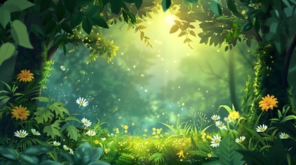 Sun rays of lights illuminating a trunk tree in the forest framed by leaves.