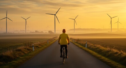 Obraz premium A Man wearing a yellow jacket and a beanie rides a bicycle on a countryside road near wind turbines at sunset, symbolizing sustainable mobility and clean energy