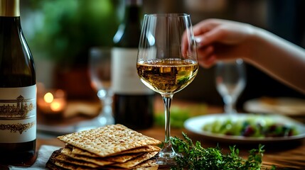 Passover celebration concept. Matzah, red kosher in cup elijah on wooden table table