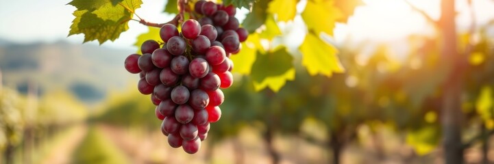 Fototapeta premium Vibrant grapes glowing under sunlight hanging from vine against lush vineyard background