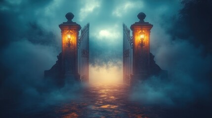 Mystical gates open, night fog, moonlit path, fantasy backdrop