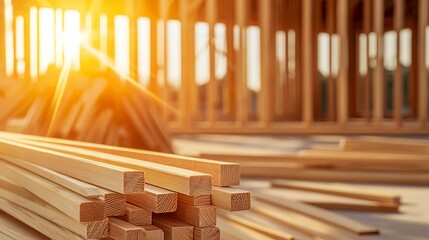 Golden Hour Construction:  A stack of neatly arranged lumber sits in the foreground of a sun-drenched construction site, with the wooden frame of a new home visible in the background.