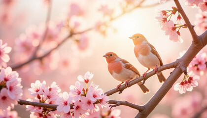 Fototapeta premium Charming birds perched among cherry blossoms in warm sunlight, springtime beauty, Cherry Blossom Tree, Cherry Blossoms