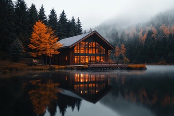 Obraz premium Serene Autumn Retreat Cabin Reflecting on Calm Lake Surrounded by Misty Forest and Fall Colors