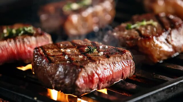 Juicy grilled steak sizzling with smoke on flaming outdoor bbq grill, restaurant menu