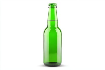 Green bottle of beer is sitting on a white background