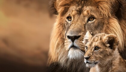 Fototapeta premium Powerful Bond Majestic Male Lion and Cub in Intimate Portrait, Set against African Savannah Backdrop, Capturing the Essence of Pride and Family