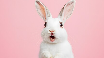Obraz premium Portrait of a white cute rabbit with surprised expression on a pink background,surprised looking rabbit