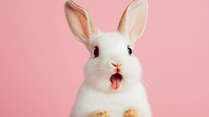 Obraz premium Portrait of a white cute rabbit with surprised expression on a pink background,surprised looking rabbit