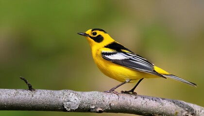 Obraz premium Striking Portrait of a Male Magnolia Warbler Against a Forest Backdrop, Captured in Winters Dappled Light, Showcasing the Vibrant Hues and Intricate Patterns of this Beautiful Songbird.