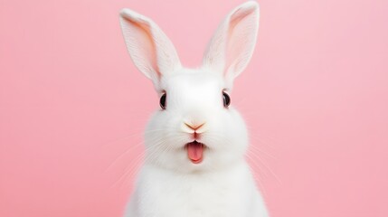 Obraz premium Portrait of a white cute rabbit with surprised expression on a pink background,surprised looking rabbit